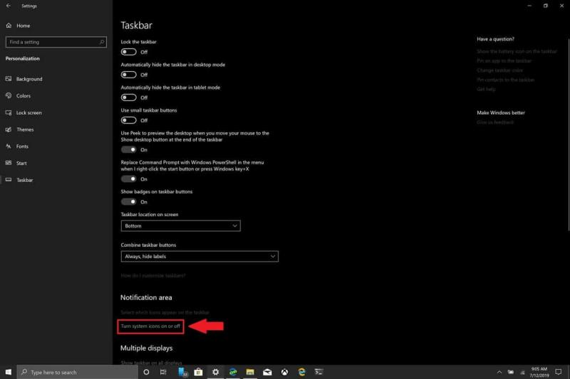 Järjestelmäkuvakkeiden ottaminen käyttöön ja poistaminen käytöstä Windows 10:ssä
