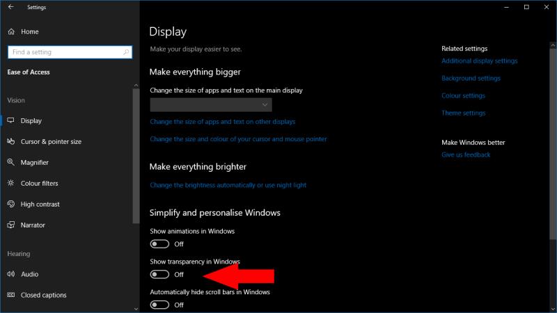 Fluent Designin läpinäkyvyystehosteiden poistaminen käytöstä Windows 10:ssä