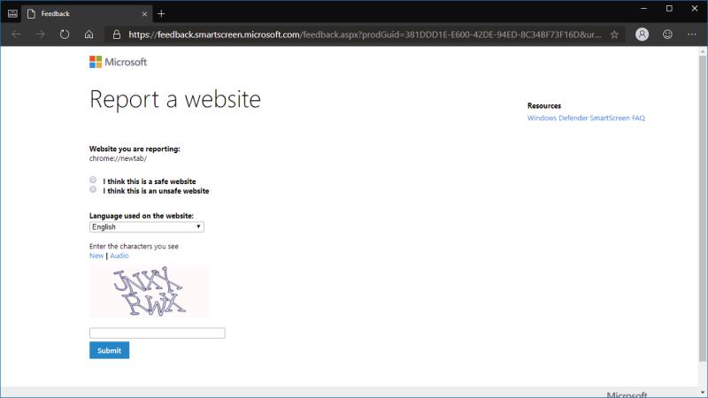 Hur man rapporterar en osäker eller skadlig webbplats i Microsoft Edge Insider