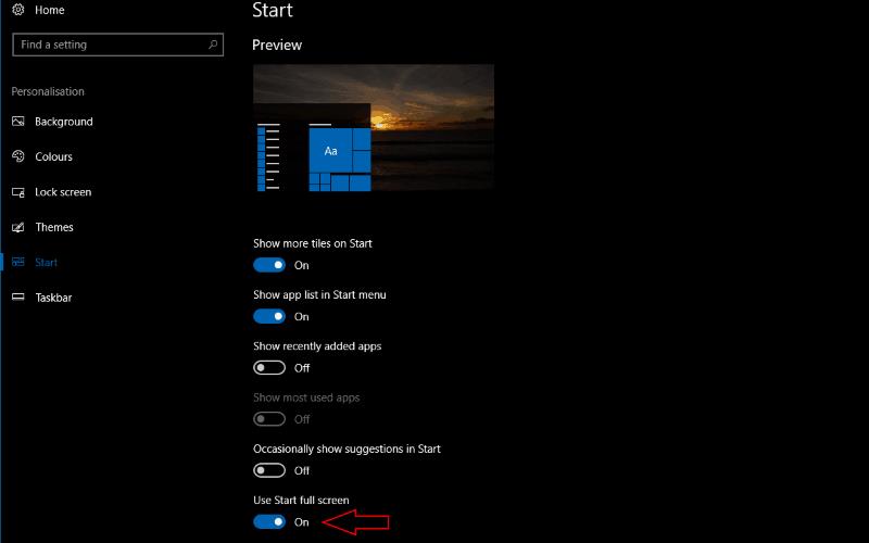 Ako povoliť ponuku Štart na celú obrazovku v systéme Windows 10