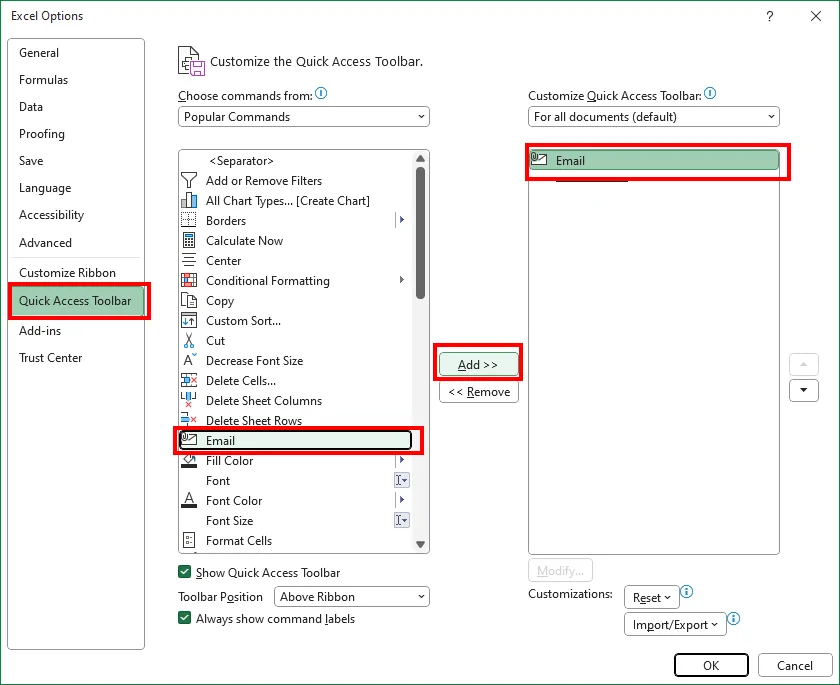 Povolit možnost „Email“ v aplikacích Excel a Word 365
