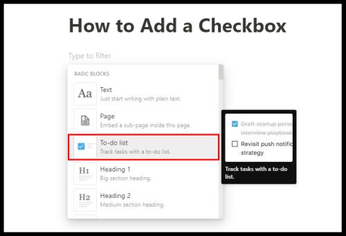 Sådan tilføjer du et afkrydsningsfelt i Notion