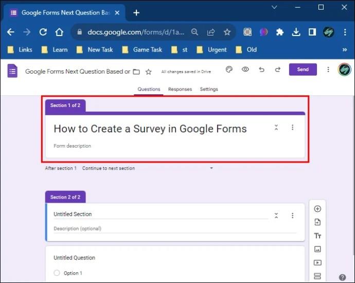 Sådan ændres det næste spørgsmål baseret på et svar i Google Forms