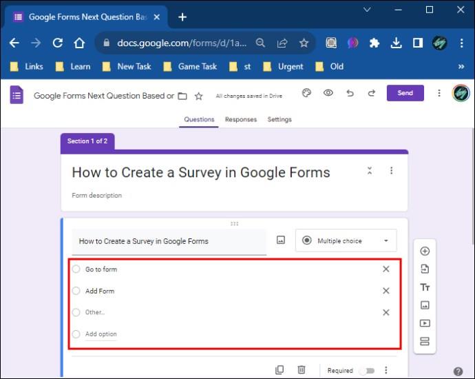 Sådan ændres det næste spørgsmål baseret på et svar i Google Forms