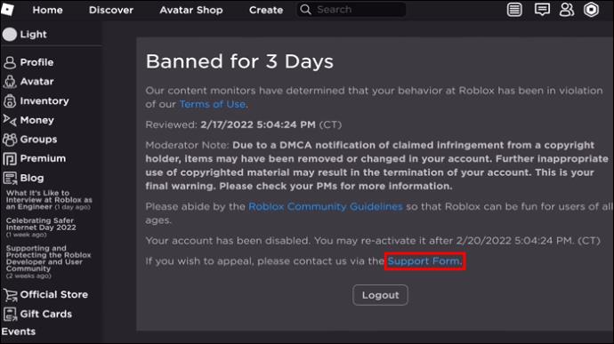 Как да видите забранени акаунти в Roblox