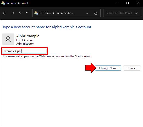 Käyttäjäkansion nimeäminen uudelleen Windows 11:ssä
