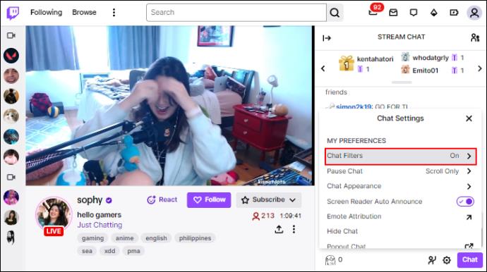 Jak vypnout chatovací filtr na Twitchi