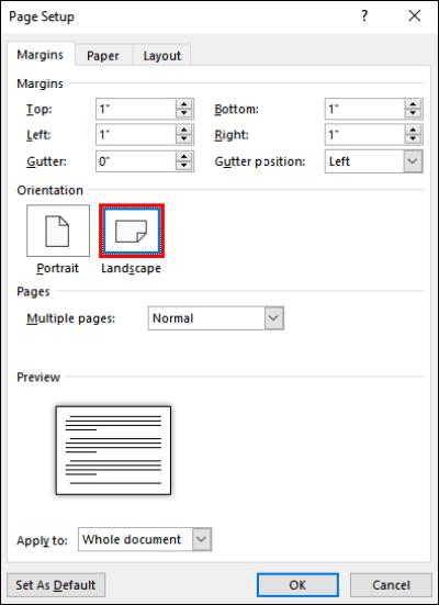 Как да направите само една страница пейзаж в Word