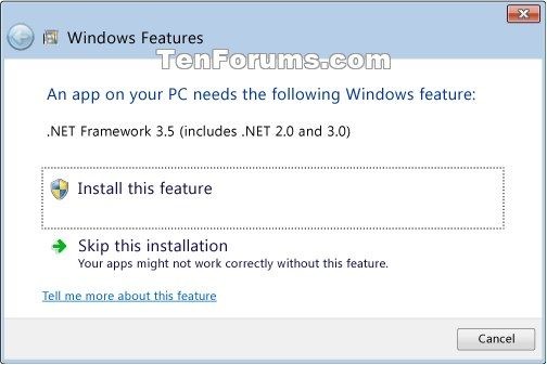 Instruksjoner for installasjon av .NET Framework 3.5 på Windows 10