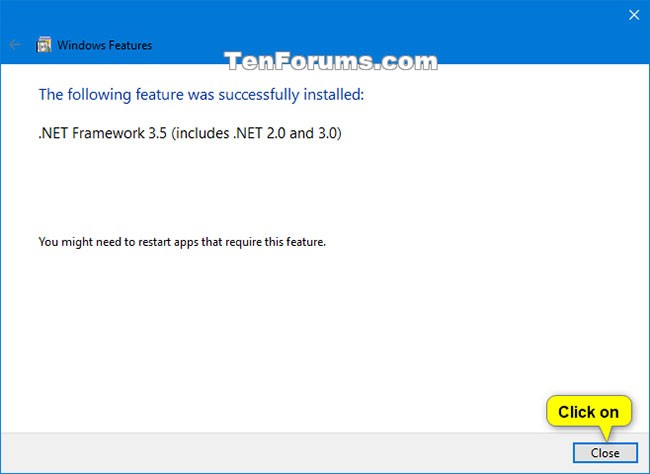 Instruksjoner for installasjon av .NET Framework 3.5 på Windows 10