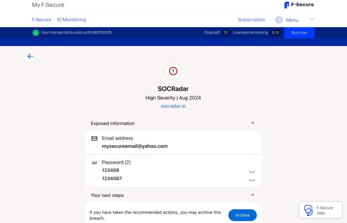 Сазнајте више о услузи праћења на дарк вебу F-Secure ID Protection