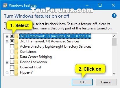 Instruksjoner for installasjon av .NET Framework 3.5 på Windows 10