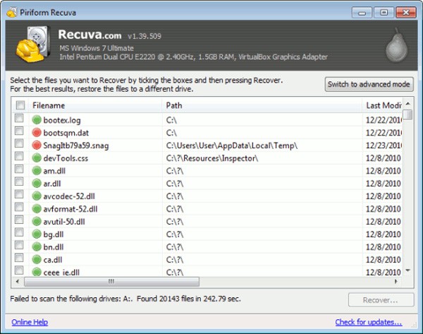 Obnovenie odstránených údajov pomocou Recuva Portable v systéme Windows 7