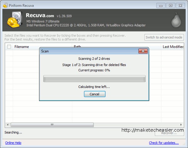 Obnovenie odstránených údajov pomocou Recuva Portable v systéme Windows 7