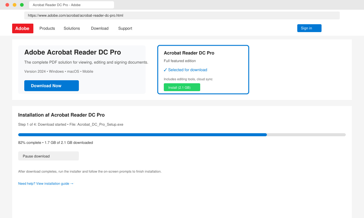 Skærmbillede af Adobe-downloadside med Acrobat Reader DC Pro-valg