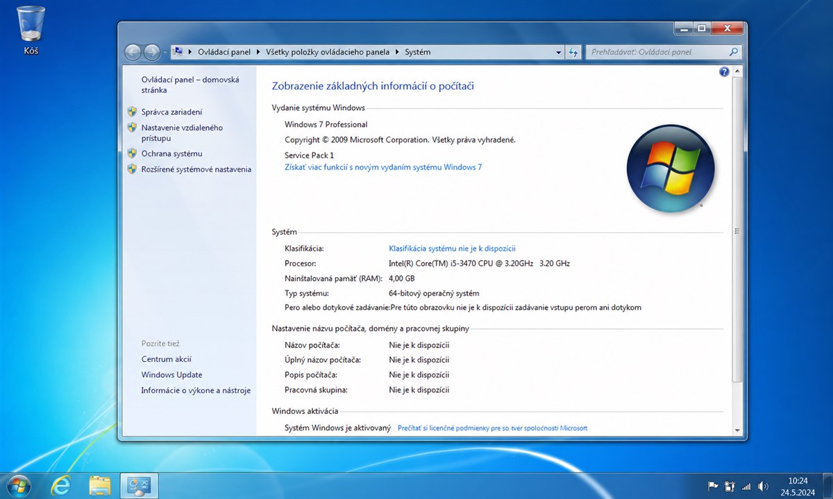 Overiť verziu Windows 7 – okno Vlastnosti systému