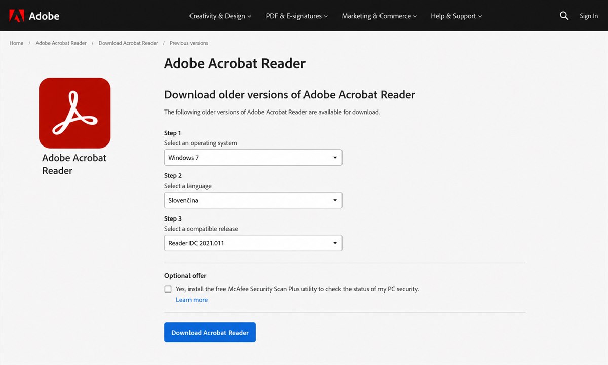 Výber verzie Acrobat Readera pre Windows 7 na stránke Adobe