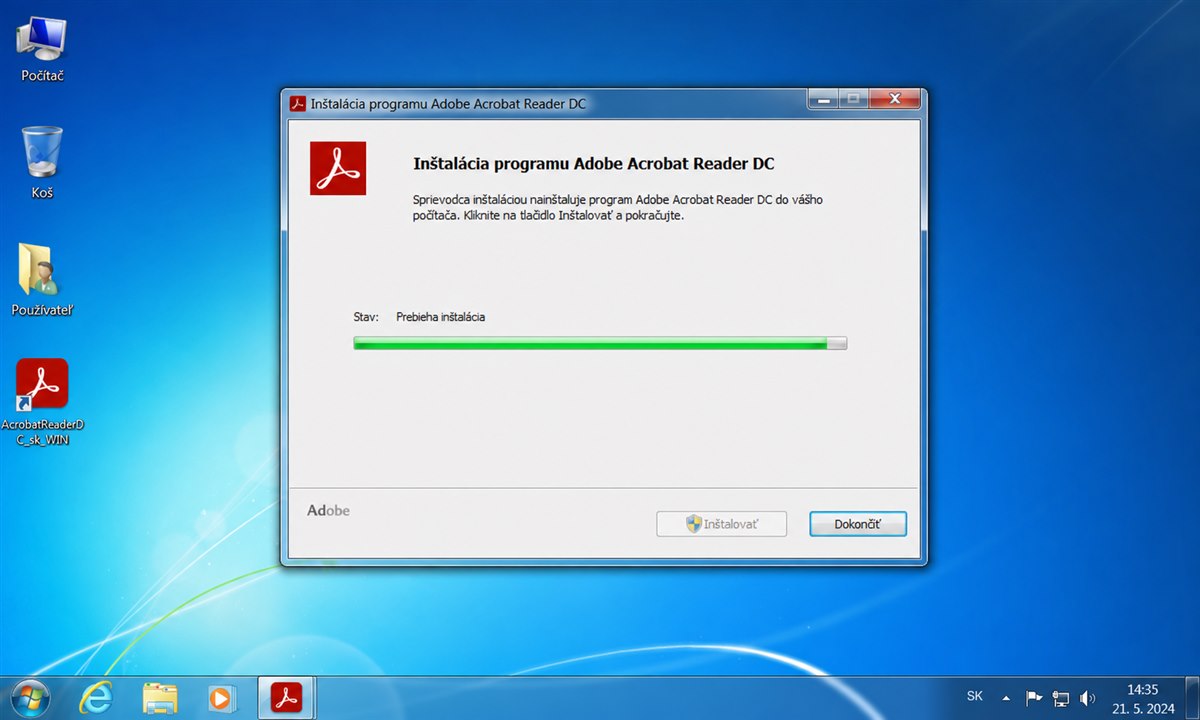 Inštalačný sprievodca Acrobat Readera na Windows 7
