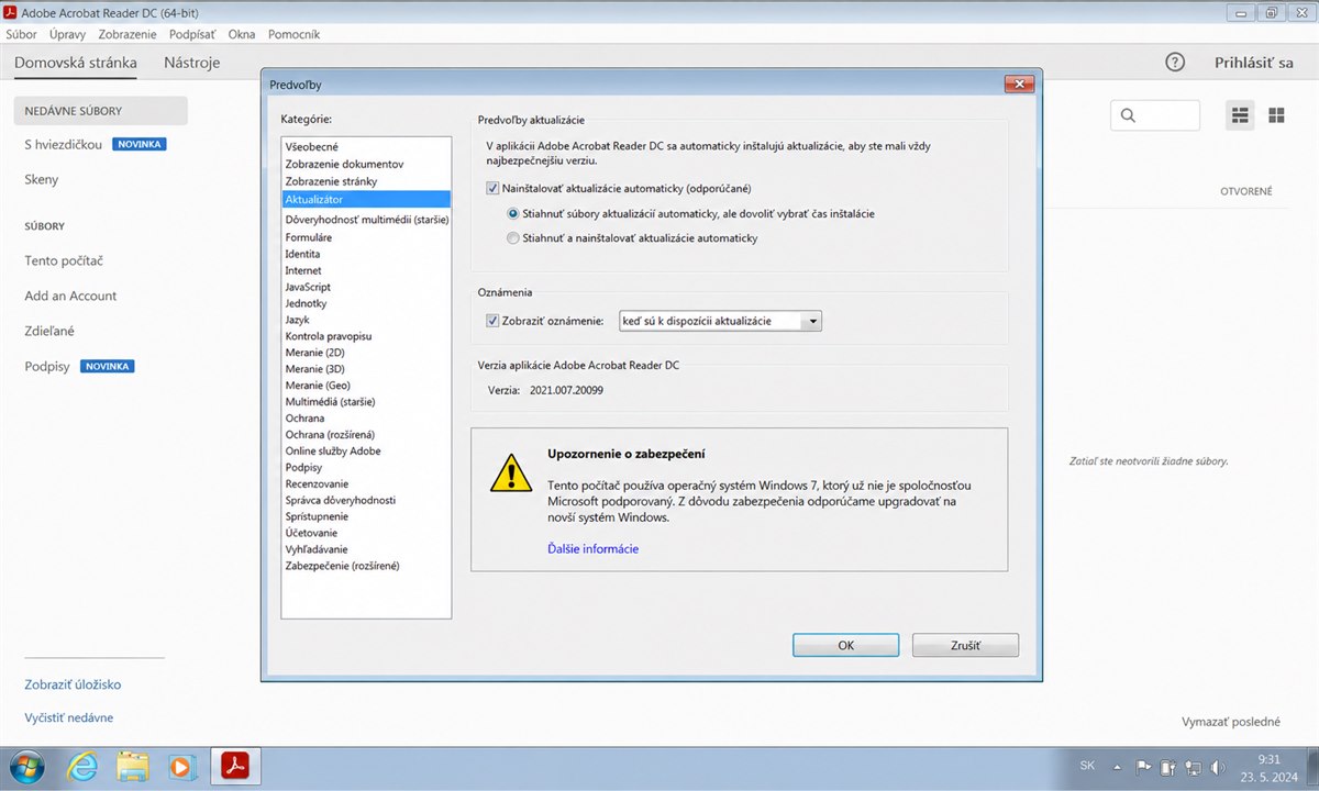 Nastavenie aktualizácií Acrobat Readera vo Windows 7