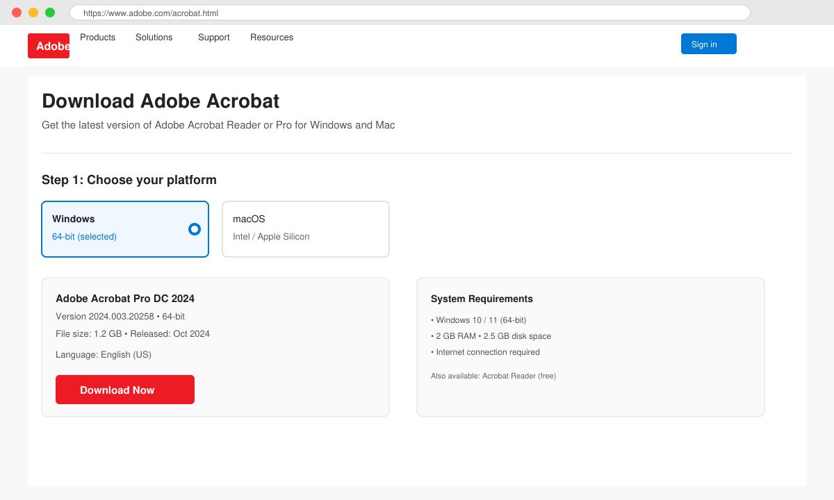 Screenshot of Adobe download page with 64-bit selection highlighted