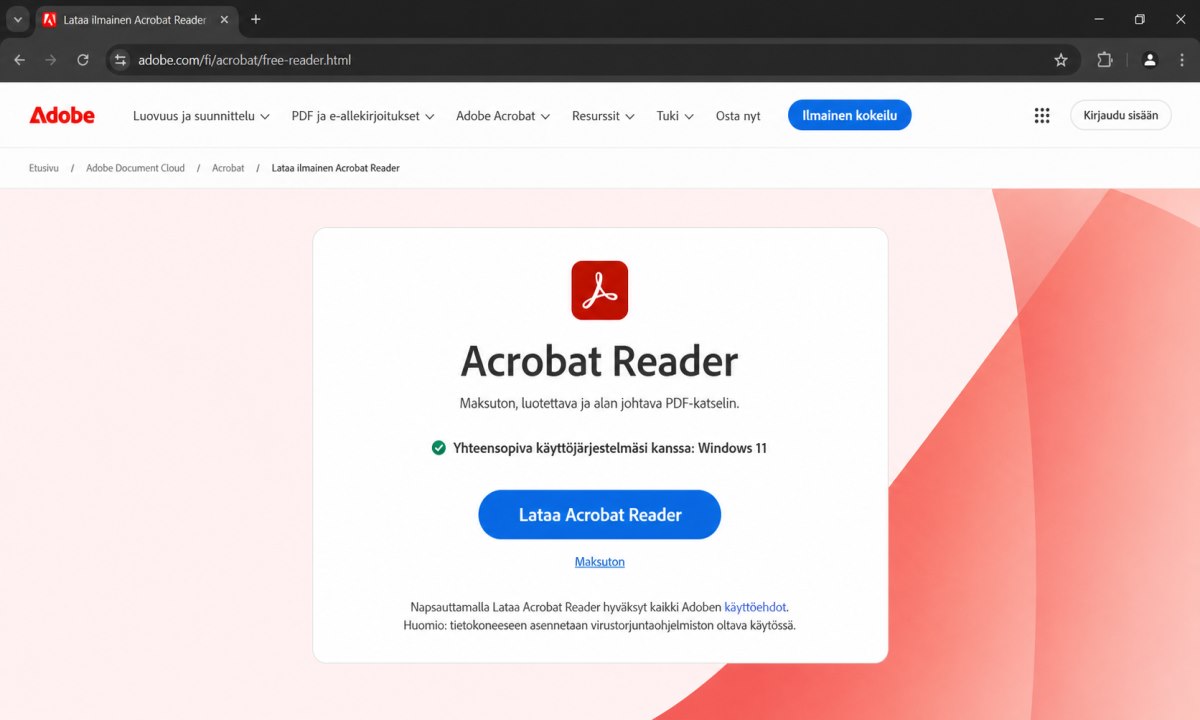 Adobe.com lataussivu näyttää Acrobat Reader -latauspainikkeen