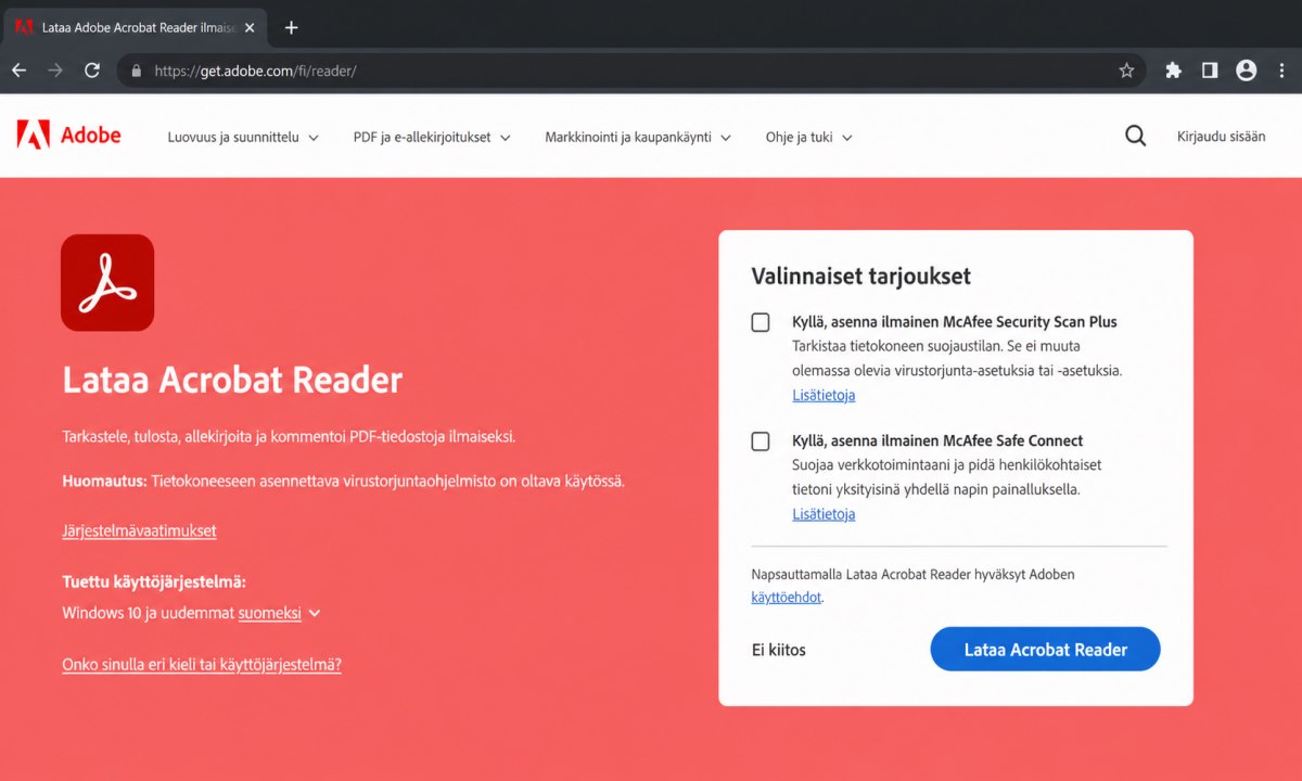 Adobe Acrobat asennuksen valinnaiset lisäohjelmat, joiden rastit voi poistaa