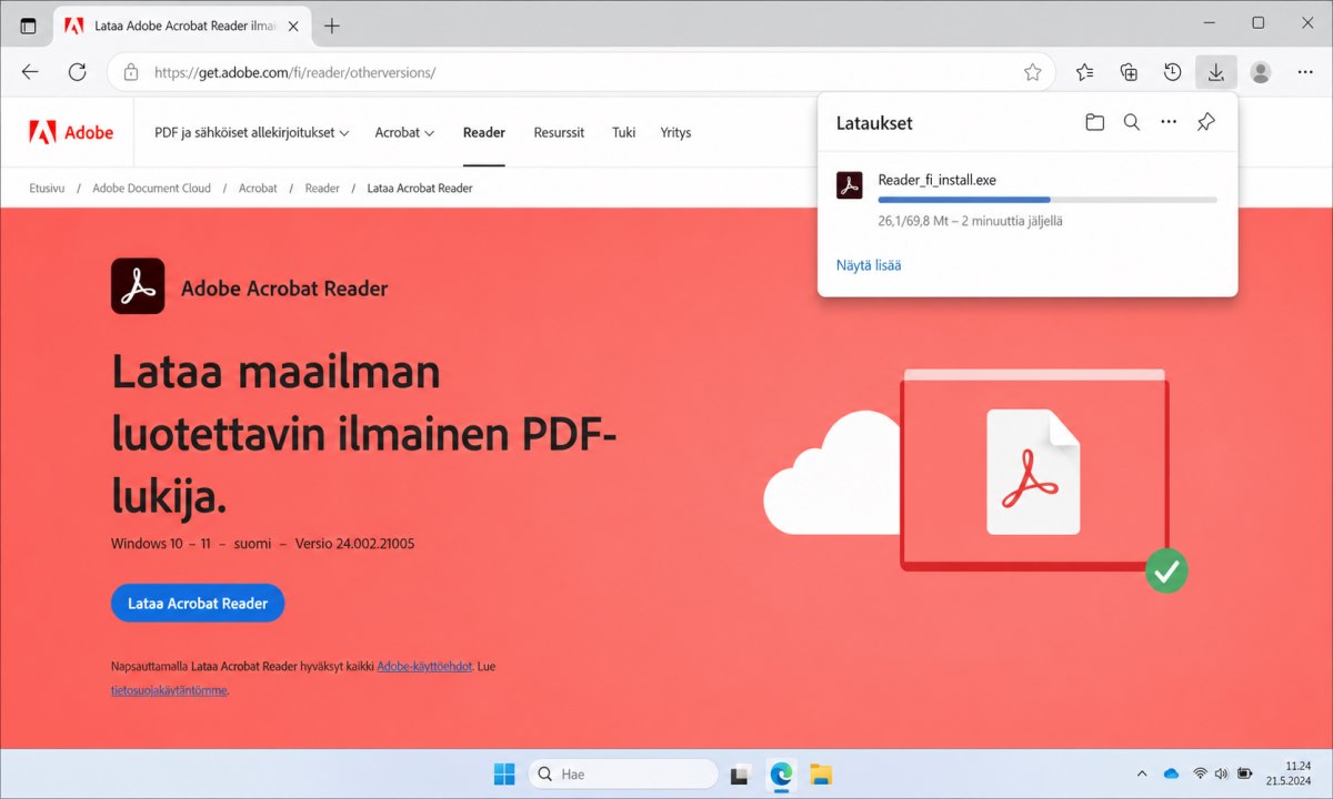 Acrobat Reader asennustiedoston lataus selaimen latauspalkissa