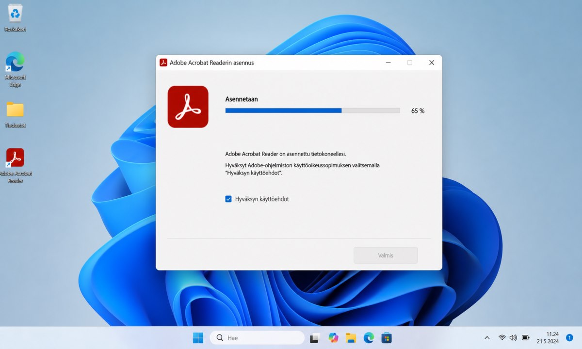 Adobe Acrobat Reader asennuksen edistymispalkki ja käyttöehtojen hyväksyntä