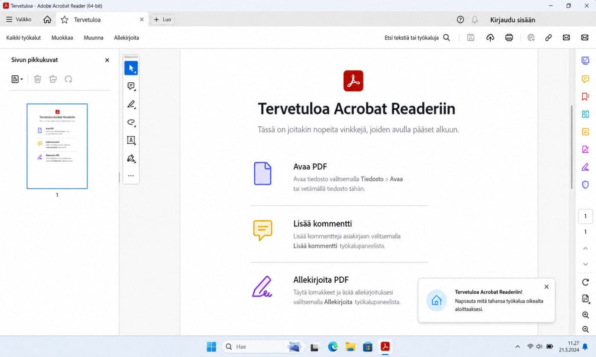 Adobe Acrobat Reader avoinna ensimmäistä kertaa, PDF-tiedosto auki