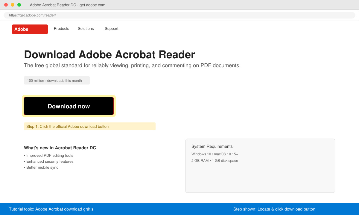 Screenshot of the official Adobe Reader download button highlighted on the web page