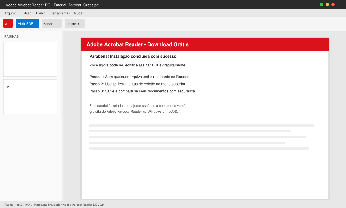 Finished installation screen of Acrobat Reader with a PDF file opened in the program