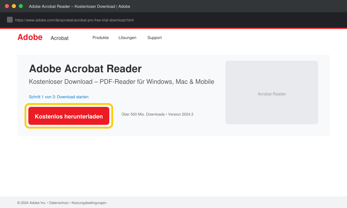 Adobes offisielle nettside for gratis Acrobat Reader download