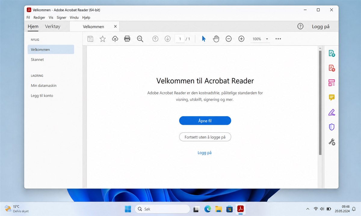 Adobe Acrobat Reader åpnet på PC for første gang