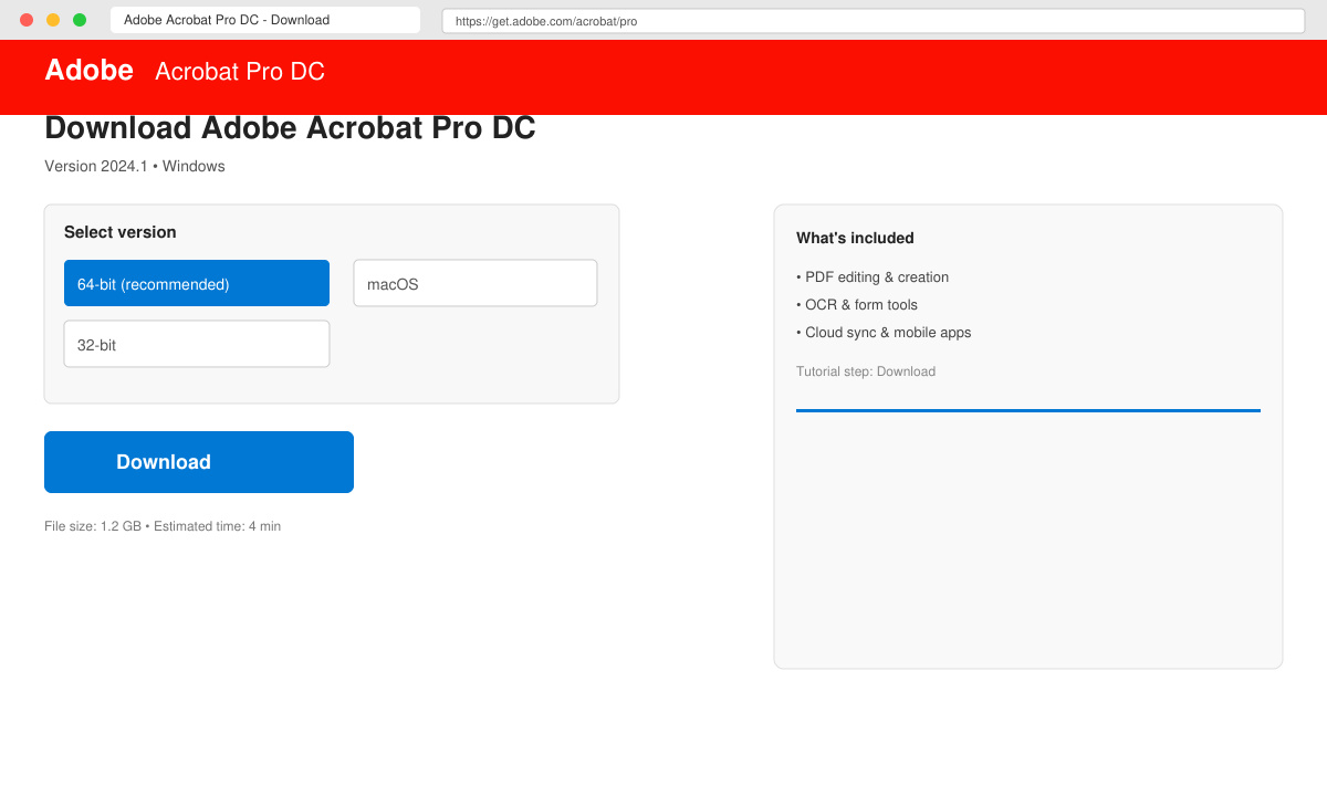 Downloadside for Adobe Acrobat pro DC 64 bits med 64-bit valg