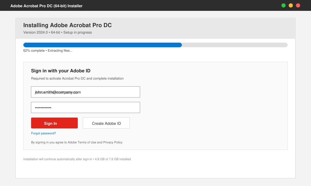 Installationsvindue hvor brugeren logger ind med Adobe-id