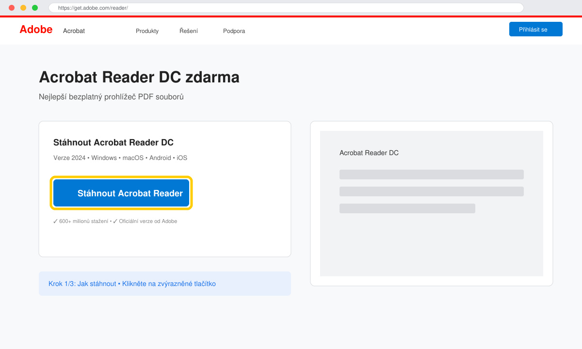 Stránka pro stažení Adobe Acrobat Reader DC zdarma
