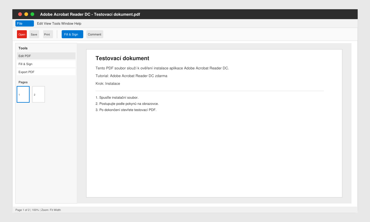 Nainstalovaný Adobe Acrobat Reader DC zdarma s otevřeným PDF