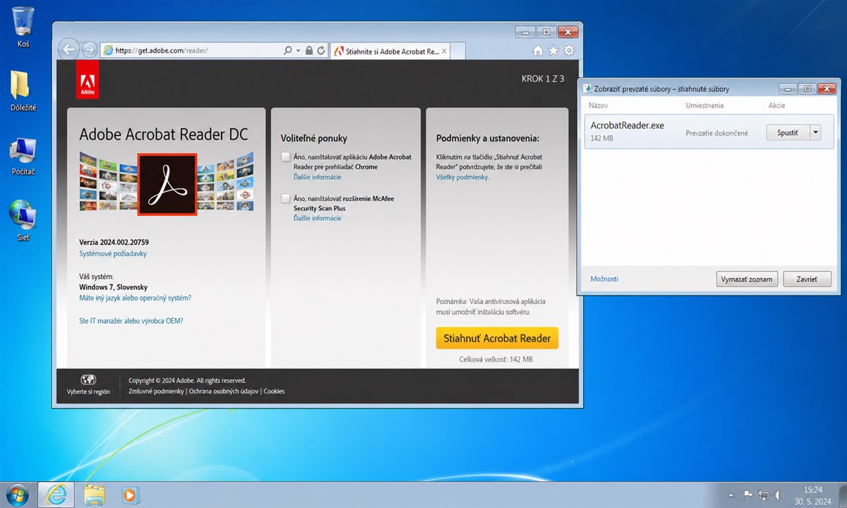 Stiahnutie Adobe Acrobat Reader inštalačného súboru