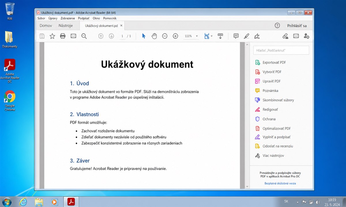 Adobe Acrobat Reader DC otvorený na Windows 7