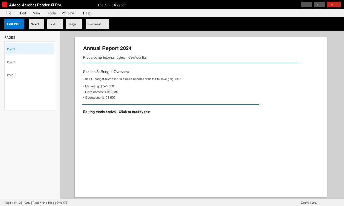 Adobe Acrobat reader xi pro åbnet med en PDF-fil klar til redigering