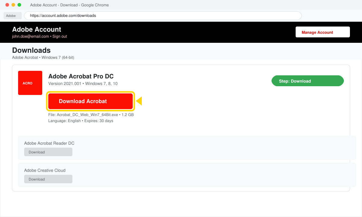 Skærmbillede af Adobe-kontoens download-side med knappen til Acrobat-installationsfilen markeret