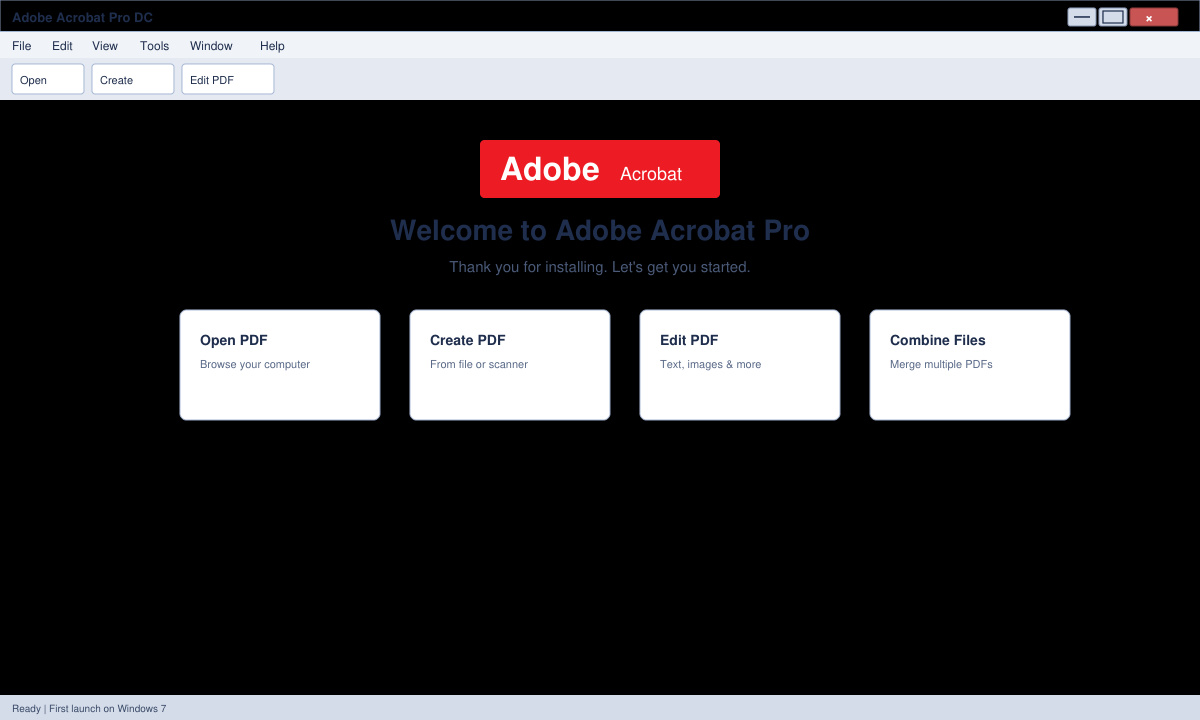 Adobe Acrobat Pro åbnet første gang på Windows 7 med velkomstskærmen synlig