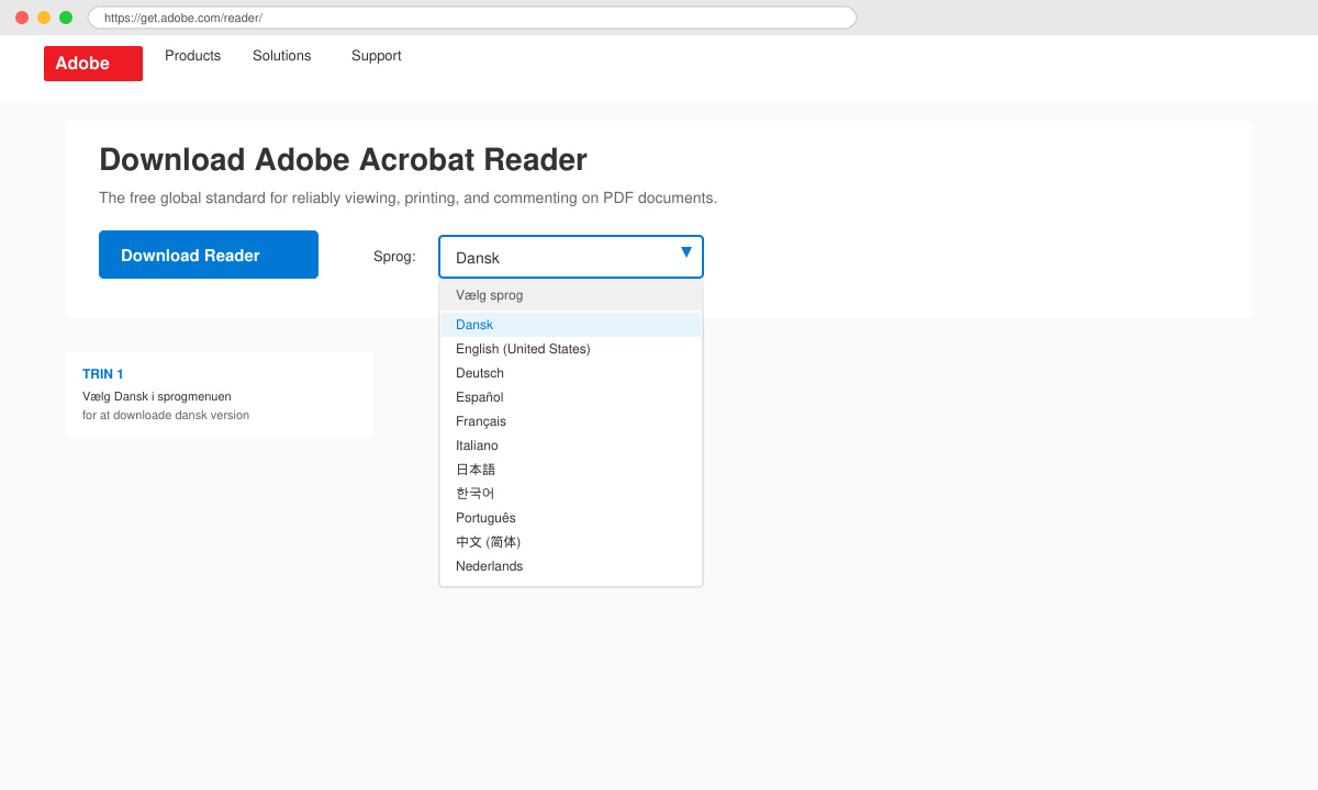 Adobe reader dansk download - valg af dansk sprog