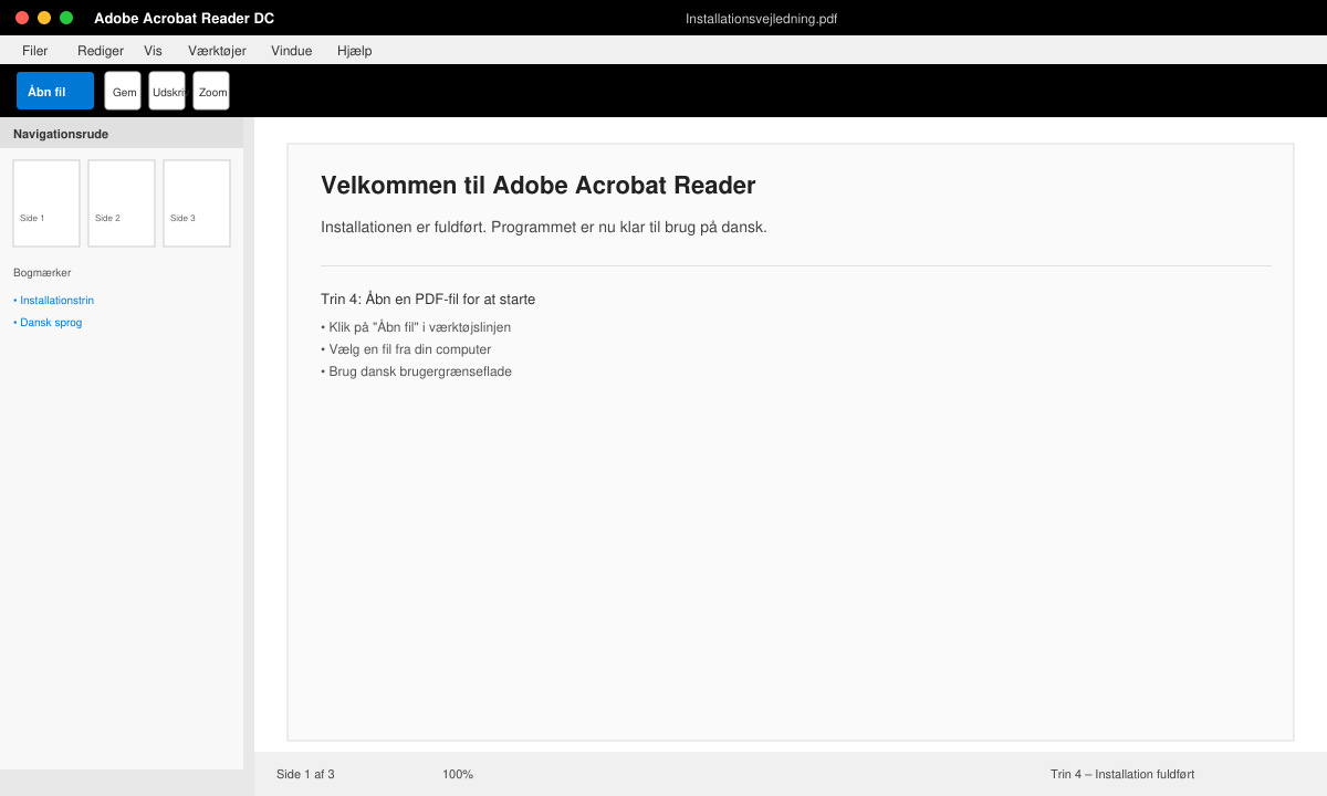 Adobe reader dansk download - færdig installation med dansk interface
