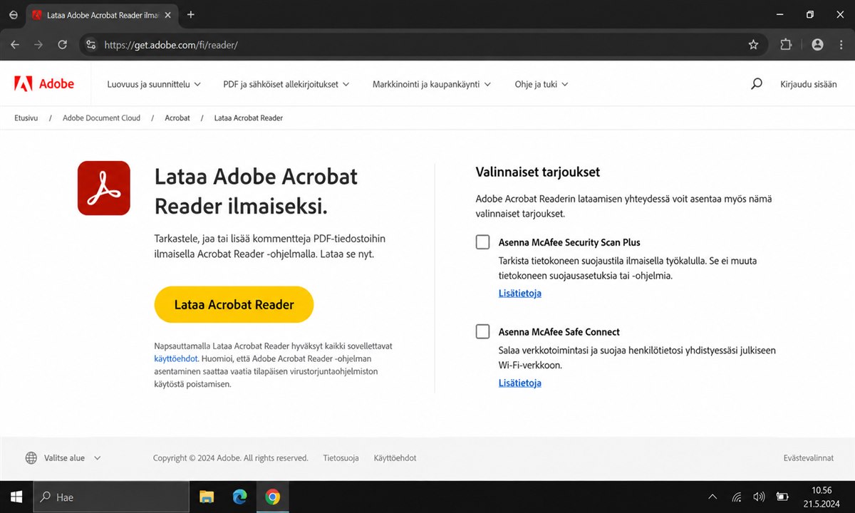 Valinnaiset lisäohjelmien valinnat Adobe Reader -lataussivulla