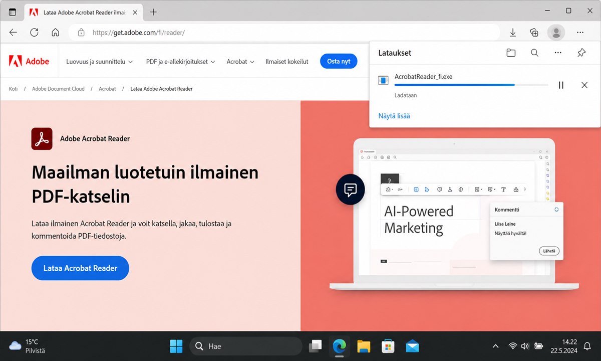 Adobe Reader asennustiedoston lataus käynnissä selaimessa