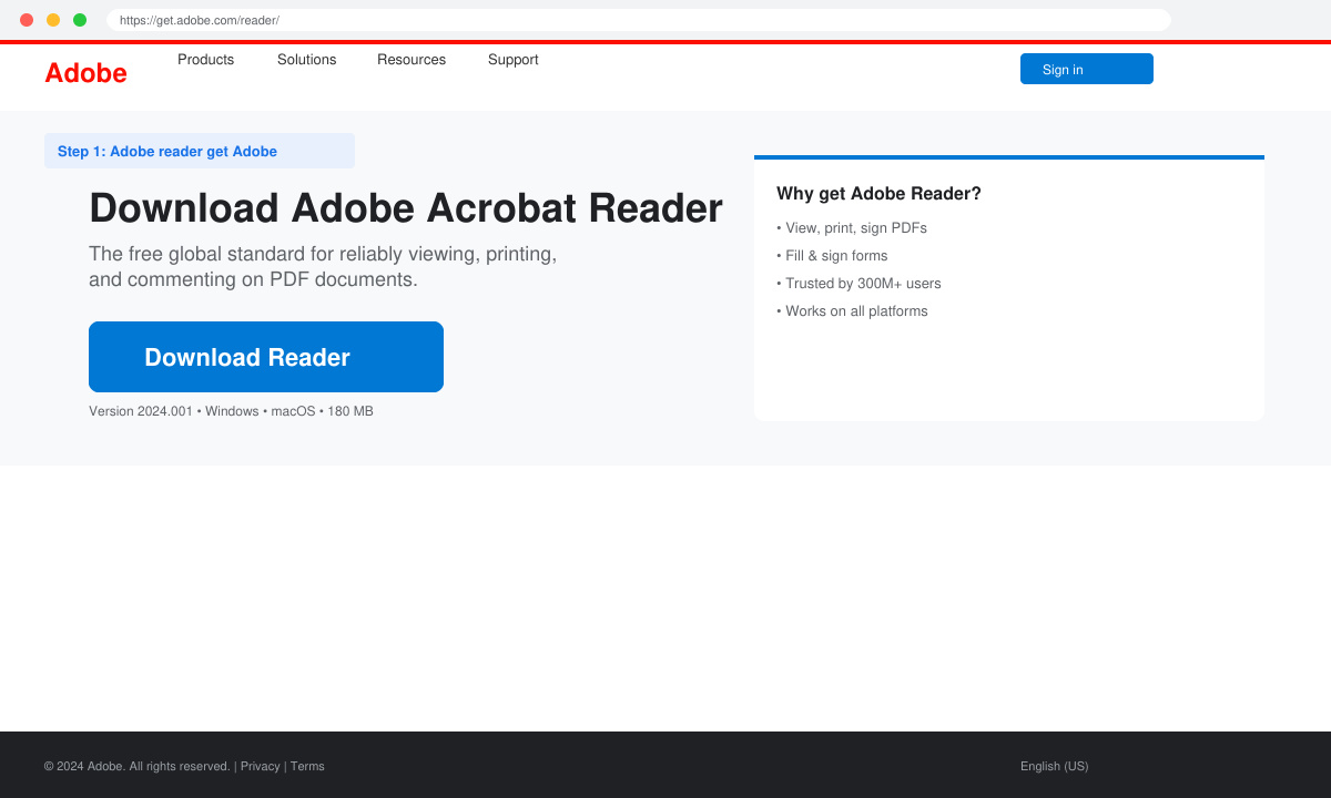 Screenshot of the official Adobe download page with the Reader download button highlighted