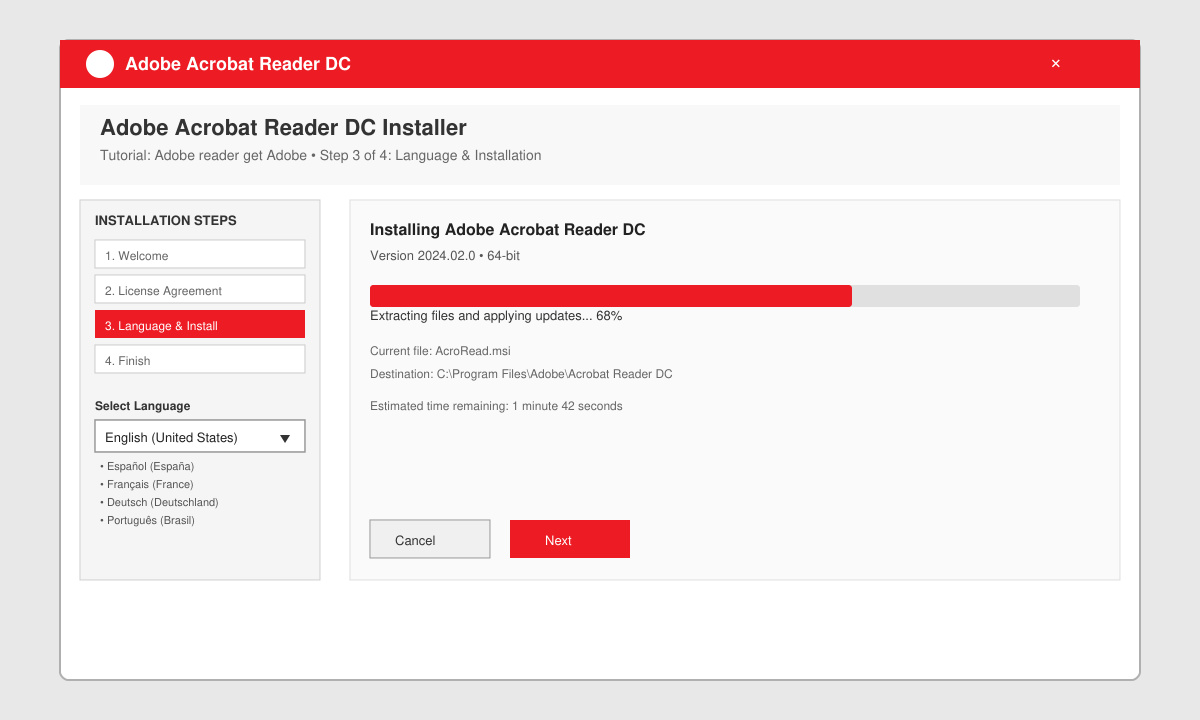 Installation wizard window during Adobe Reader setup with progress bar visible
