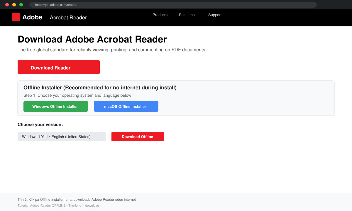 Skærmbillede af Adobes download-side med offline-valg