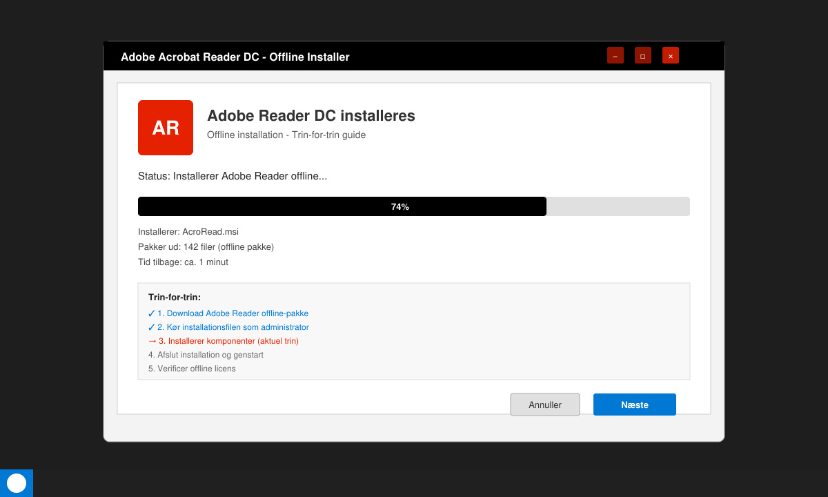 Installationsvindue der viser Adobe Reader bliver installeret offline